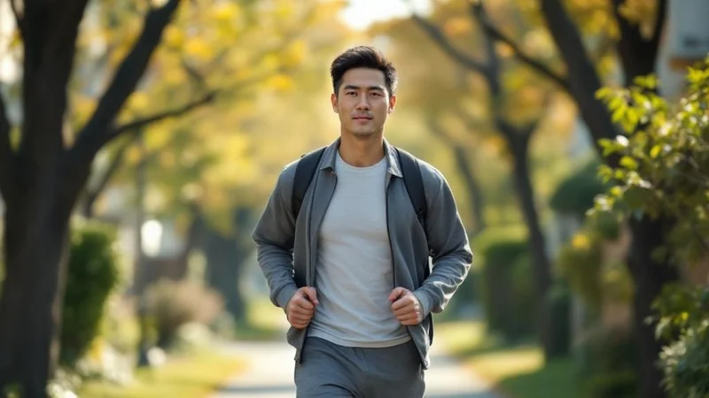 並木道の歩道を健康的なペースで歩く40代日本人男性。日常の運動習慣としてウォーキングを継続している様子