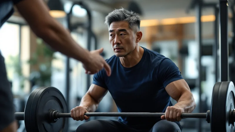 40代の日本人男性がジムでバーベルスクワットを行い、トレーナーがフォームを確認している様子
