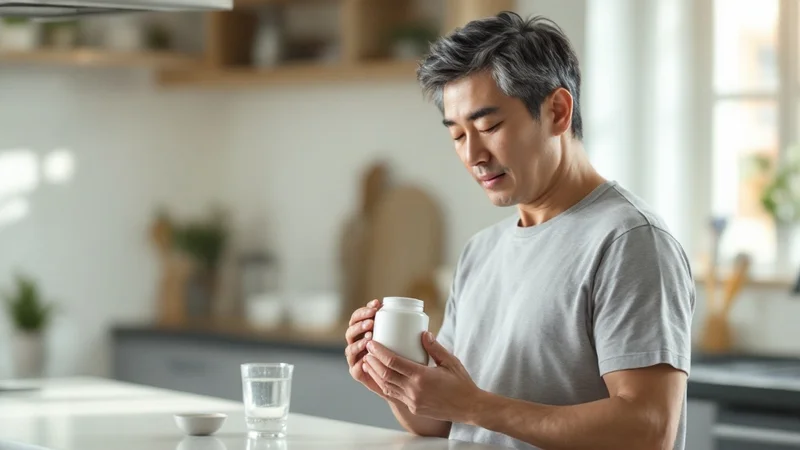 40代の日本人男性が自宅のキッチンでサプリメントの容器を手に取り、成分表示を確認している様子