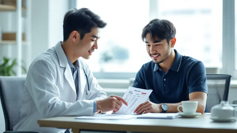 診察室で健康診断の結果表を見ながら医師の説明を受ける40代男性
