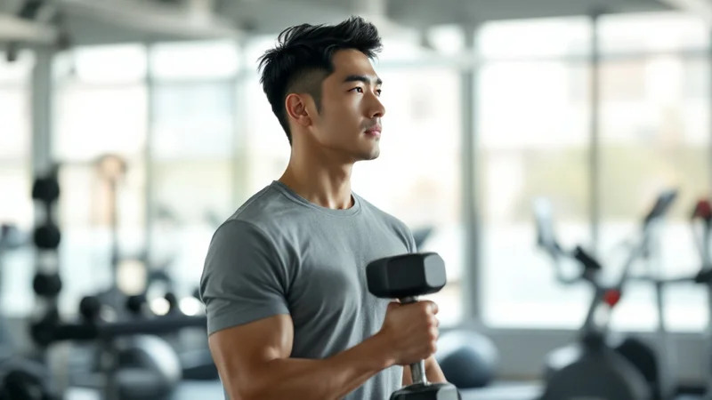 ジムでダンベルを持ってトレーニングする体格のよい40代男性