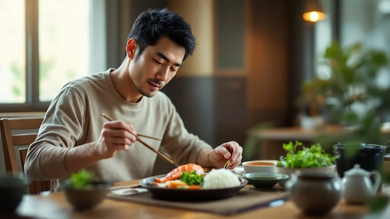 減塩を意識した和食の夕食を食べる40代男性