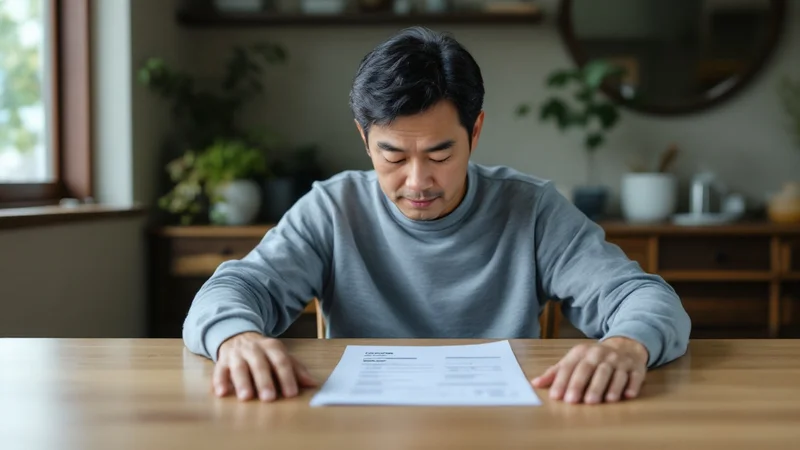 ダイニングテーブルに健康診断の結果票を広げ、両手をついて見下ろす50代男性
