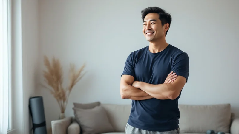 自宅トレーニングを終え、ヨガマットとダンベルの横で腕を組んで立つ50代男性