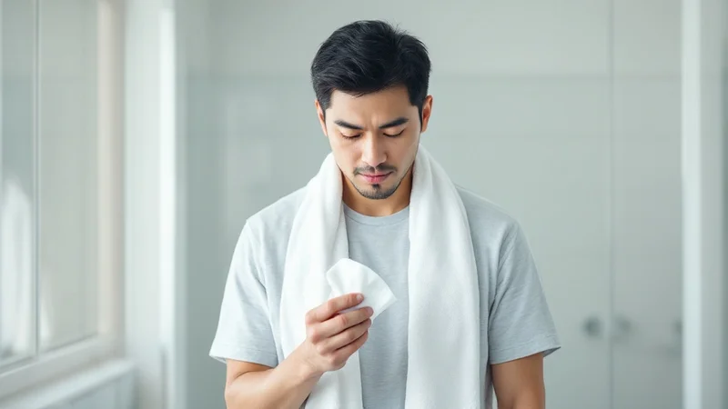 明るい洗面所で白いタオルを肩にかけ、片手に持った白いティッシュを見下ろして確認している40代の日本人男性