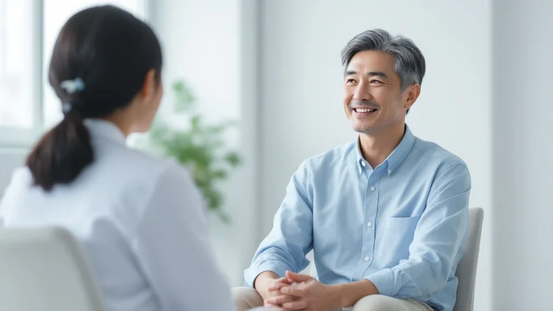 皮膚科の明るい診察室で、白衣の女性医師と向かい合い、穏やかな表情で話している40代の日本人男性