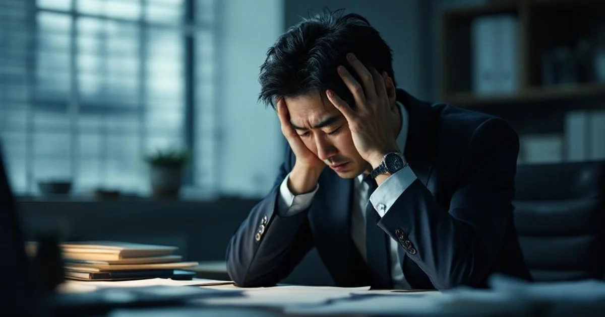 40代男性がオフィスのデスクで両手で頭を抱え、うつむいている様子