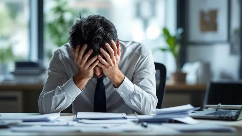 40代男性がオフィスのデスクで両手で頭を抱え、書類の前でうつむいている様子