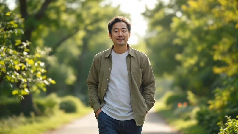 40代男性が緑豊かな公園の小道を穏やかな表情で散歩しているフォトリアリスティックな写真