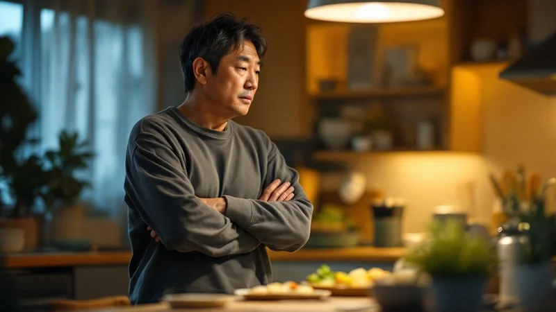 キッチンで食欲がなさそうに食事に手をつけない様子を心配そうに見守る40代の日本人男性