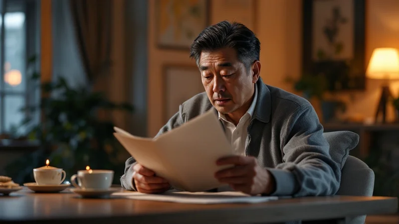 夜のリビングで真剣な表情でパンフレットを読みながら家族の受診について考える40代の日本人男性