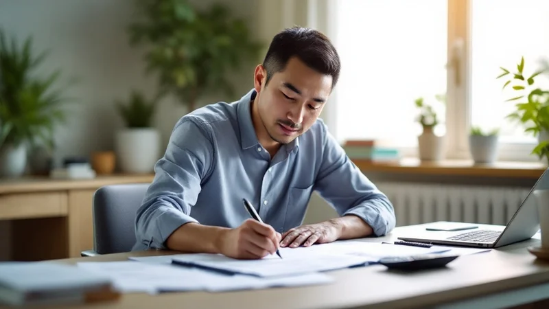 自宅のデスクで書類に記入しながら休職の手続きを進める40代の日本人男性