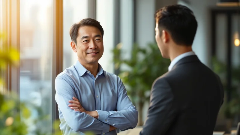 オフィスの窓際で同僚と穏やかに会話する復職後の40代の日本人男性