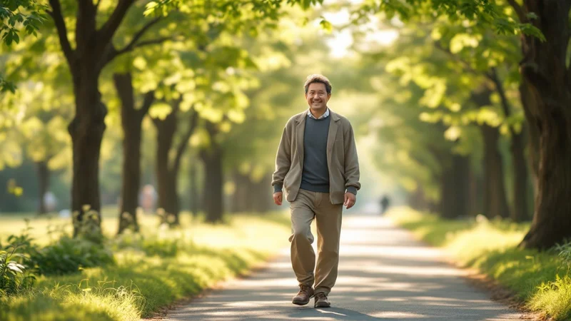 朝の光の中、公園を散歩する40代男性。穏やかで静かな雰囲気