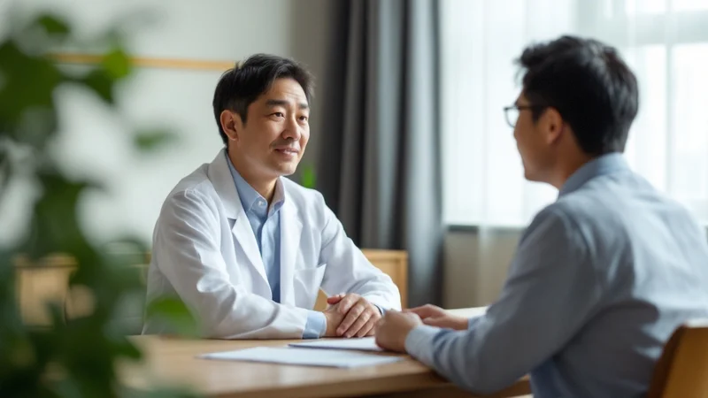 診察室で医師とテーブル越しに穏やかに話す40代男性。落ち着いた相談の様子