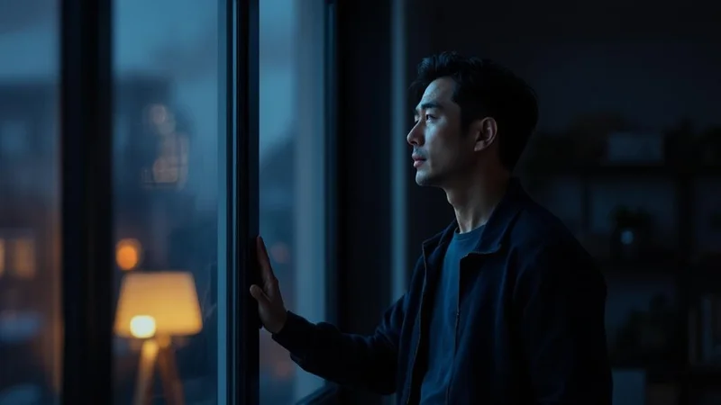夜の窓辺に立ち、外を見つめながら物思いにふける40代の日本人男性