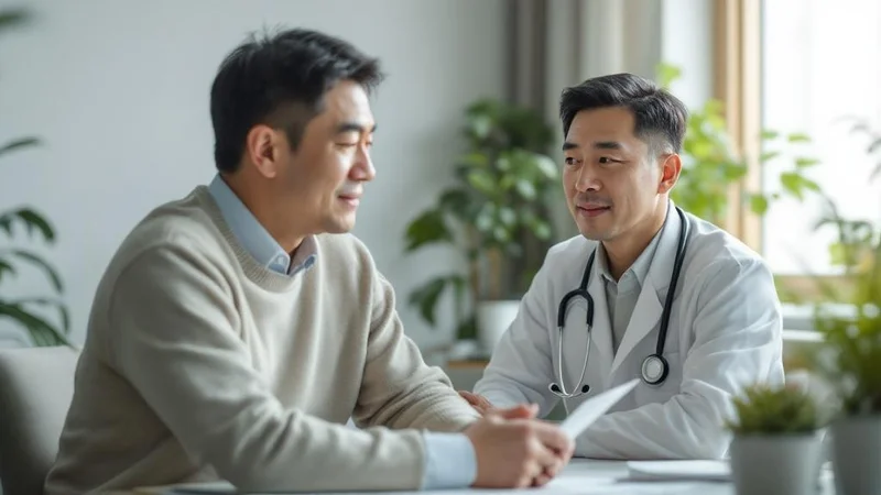 明るい診察室で医師に穏やかに話す40代の日本人男性