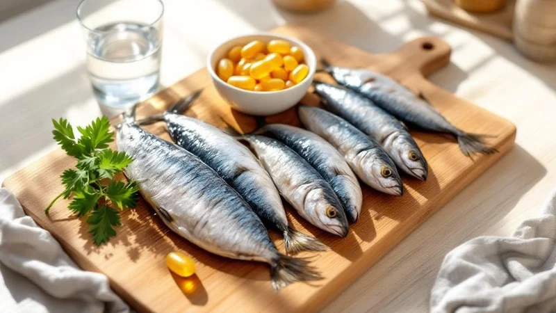 まな板に並ぶ新鮮なイワシ・サバなどの青魚と、魚油由来の黄色いソフトジェルカプセル