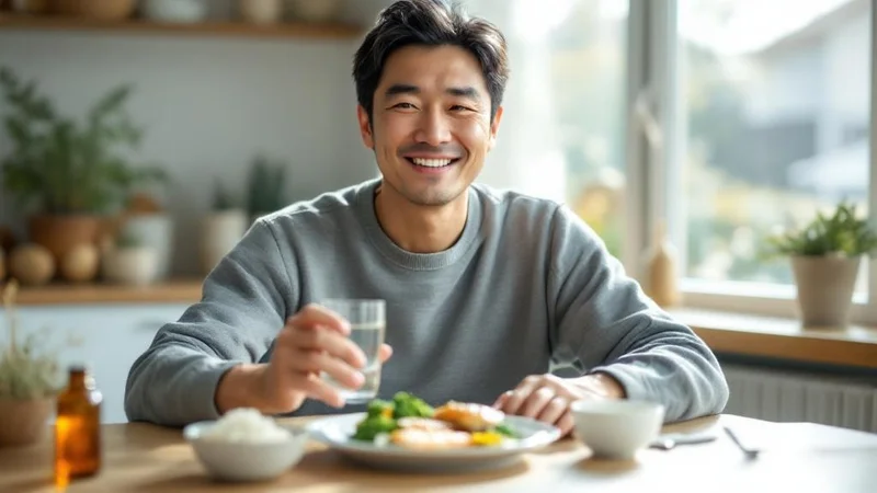 グレーのセーターを着た40代の日本人男性が、朝食の食卓でグラスの水を手にDHA EPAサプリを飲む和やかなシーン