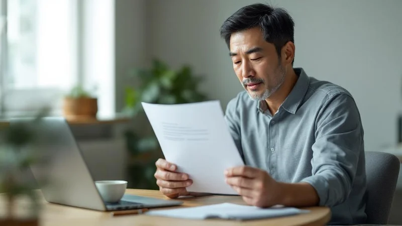 自宅のデスクで健康診断書を静かに見つめる40代後半の日本人男性、加齢に伴う体の変化に向き合っている様子