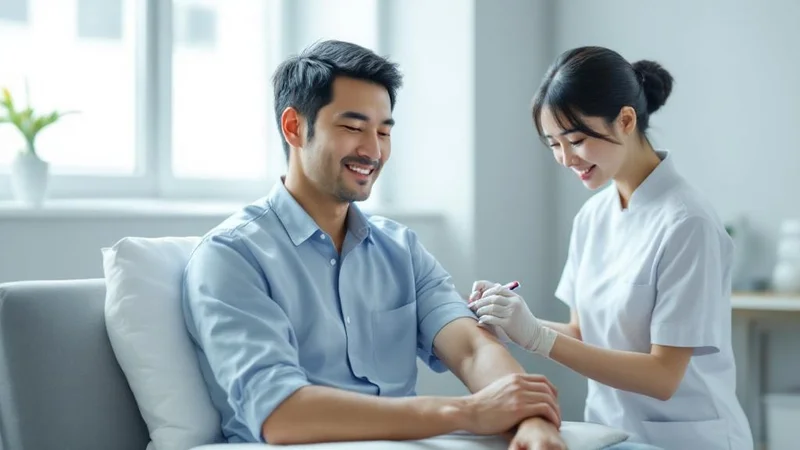 クリニックの採血室で腕から採血を受ける40代後半の日本人男性、医師がホルモン検査の説明をしている様子
