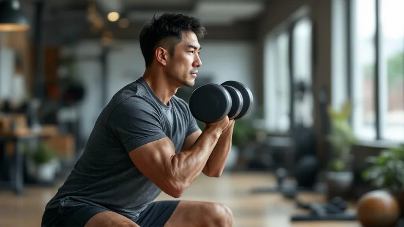 ジムでダンベルを胸の前で抱えてゴブレットスクワットを行う40代後半の日本人男性、フォームに集中している横3/4視点