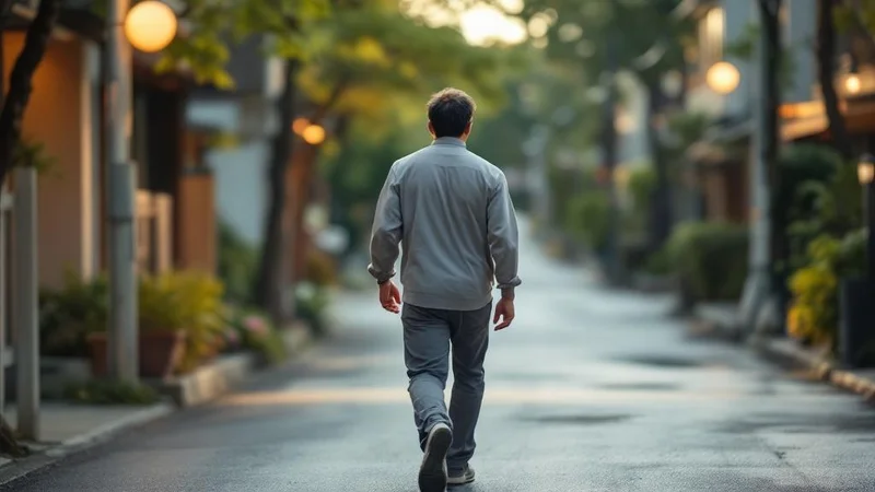 夕食後に住宅街をウォーキングしている40代日本人男性の後ろ姿