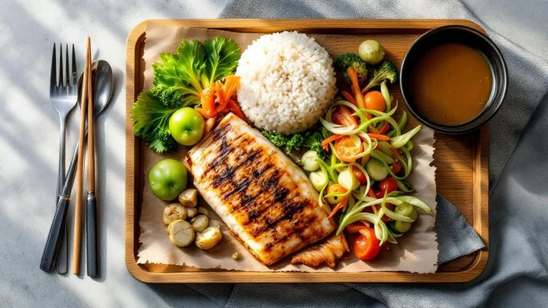 魚の塩焼き・野菜の煮物・雑穀ご飯・味噌汁が並んだバランスの良い日本食の定食写真