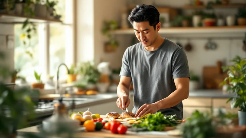 自宅キッチンで高たんぱくな食事を準備する40代の日本人男性