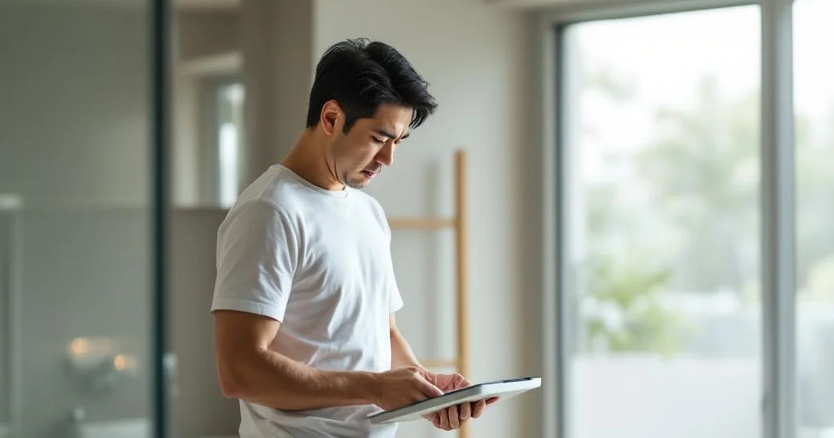 体重計をのぞき込みながら結果に納得できない表情の40代日本人男性