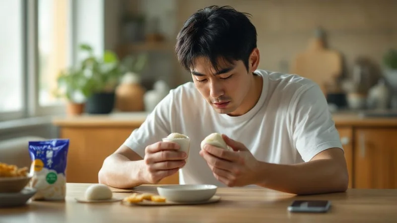 食卓でコンビニのおやつを前に食べすぎを反省する40代日本人男性