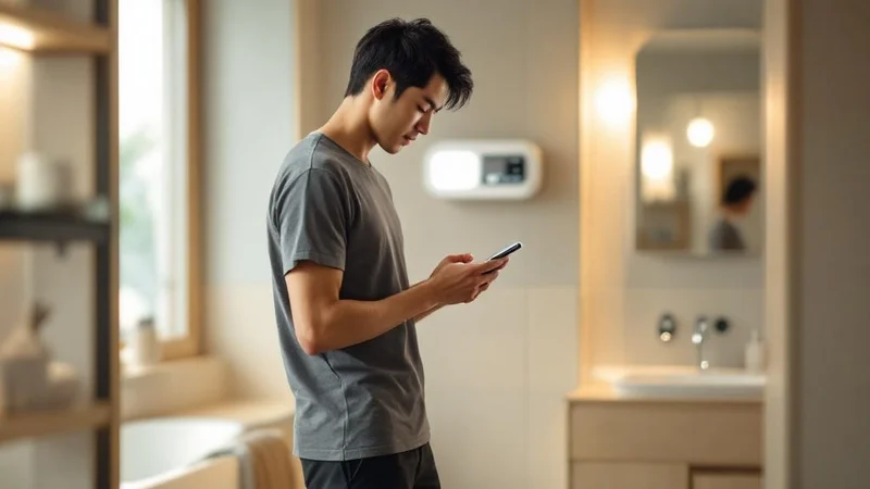 朝のバスルームでスマホアプリに体重を記録する40代日本人男性