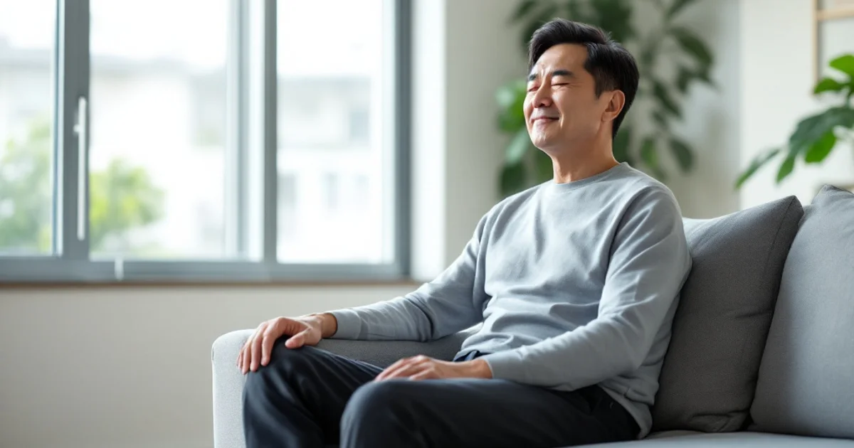 明るいリビングのソファに腰を下ろし、目を閉じてめまいがおさまるのを待っている40代の日本人男性の写真