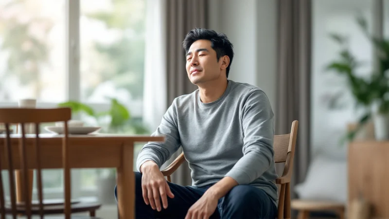 明るいリビングで椅子に座り、テーブルに片手を置いて目を閉じている40代の日本人男性の写真