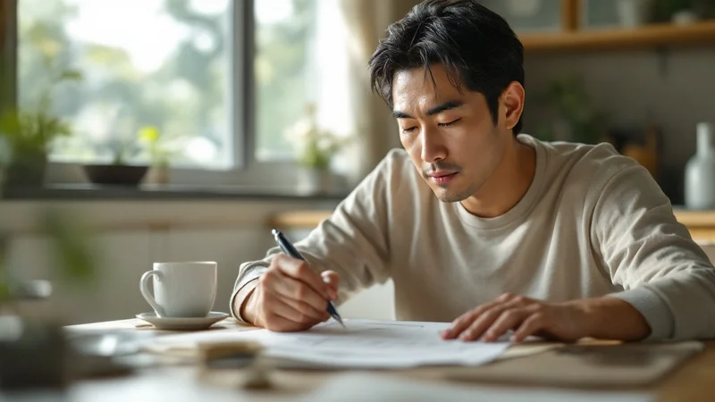 自宅のテーブルで健康診断の問診票にペンで記入している40代の日本人男性