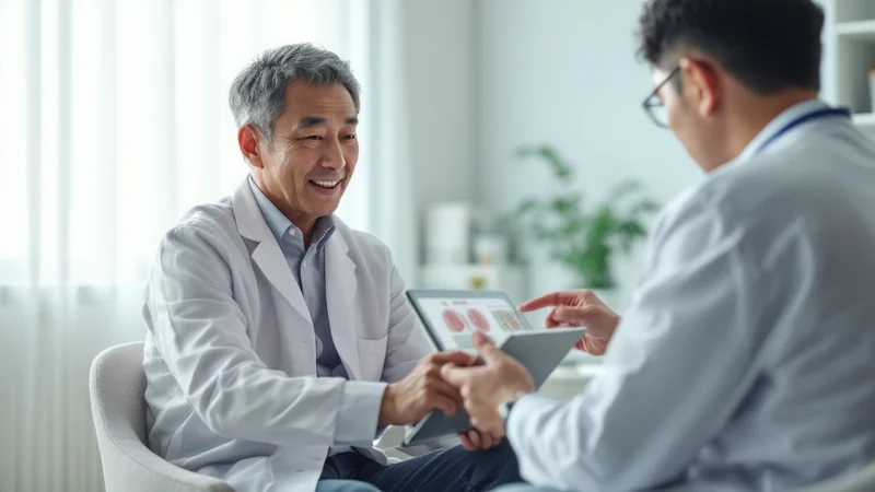 明るい診察室でタブレットを見ながら医師から血管についての説明を受ける40代日本人男性