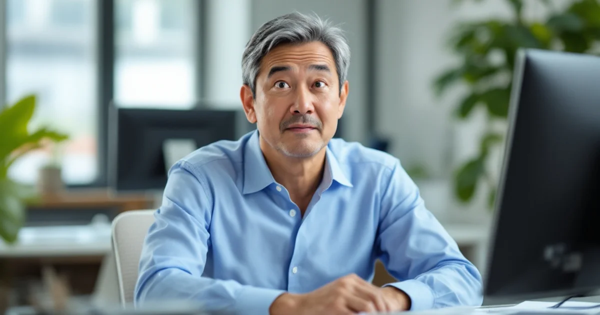 オフィスのデスクで手を止め、耳の聞こえを確かめるように首をかしげている50代の男性
