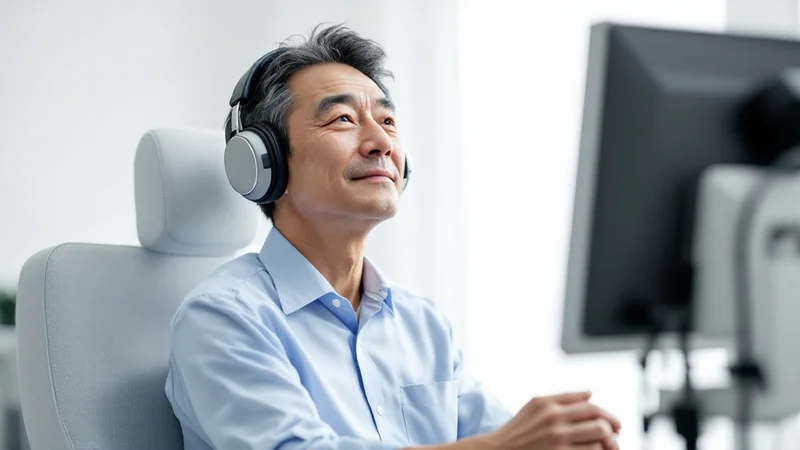 耳鼻咽喉科の明るい検査室で、ヘッドホンを着けて聴力検査を受けている40代後半の男性