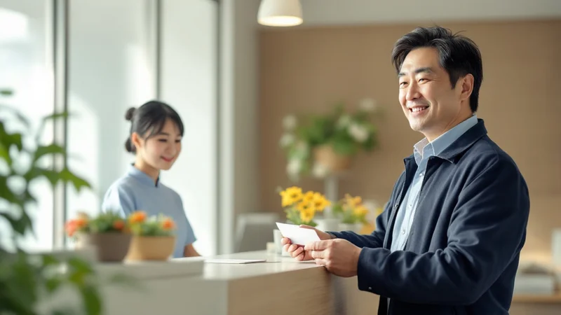 耳鼻咽喉科の受付カウンターで、保険証を出している40代後半の男性と受付スタッフ