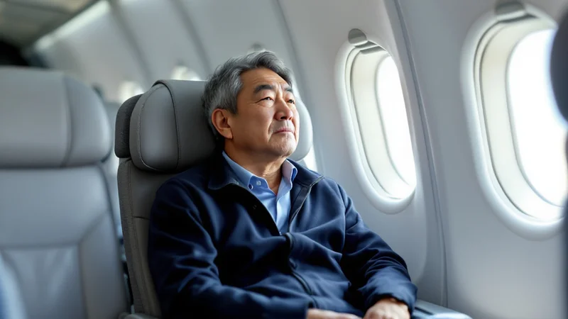 飛行機の窓側の席で、着陸時の気圧の変化に耳の不快感を覚えている50代の男性