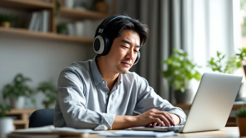 自宅のデスクでヘッドホンを着けたままオンライン会議を続けている40代の男性