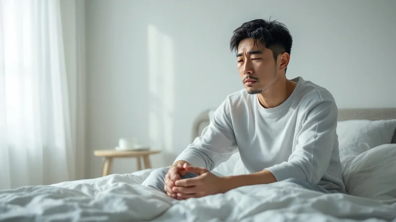 眠りが浅く疲れが取れないまま、朝ベッドの端に座る40代の男性