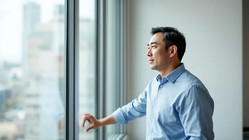 日中、明るいオフィスの窓辺で外の光を浴びる40代の男性