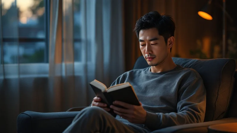夜、リビングの椅子で照明を落として静かに読書をする40代の男性