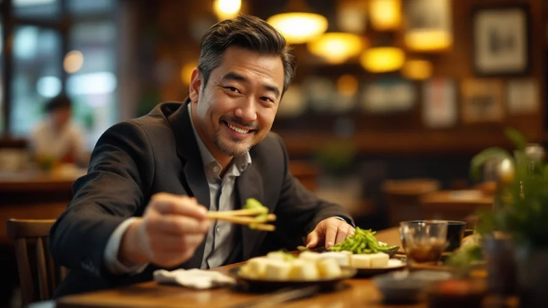 居酒屋のテーブルで枝豆や冷奴などのおつまみを先に食べる40代の日本人男性