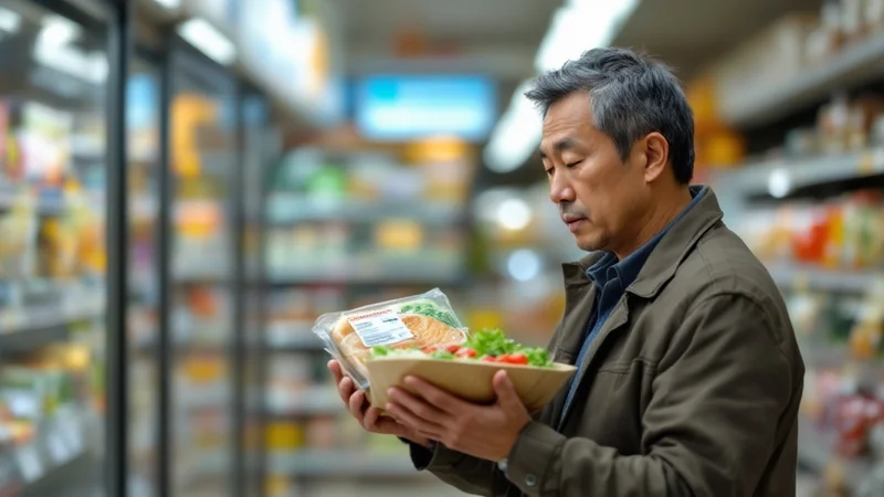 コンビニで惣菜パックの栄養成分表示を確認する40代の日本人男性
