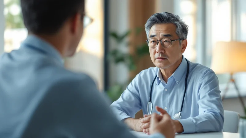 明るい診察室で医師と向かい合って相談する40代後半の日本人男性