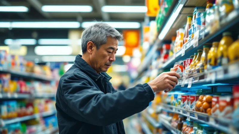 スーパーの食品売り場でサバ缶を手に取り確認する40代の日本人男性