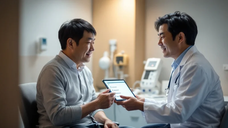 診察室でタブレットの問診結果を見せながら40代後半の日本人男性に説明する医師