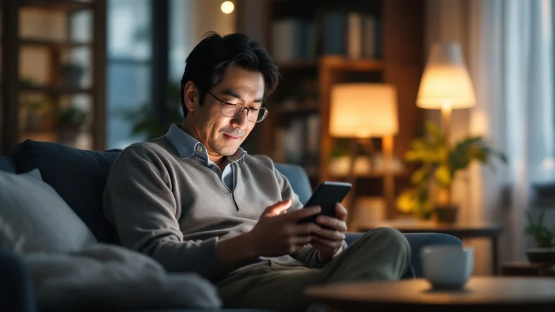 自宅のソファでスマートフォンを手にオンライン診療の予約画面を確認している40代後半の日本人男性